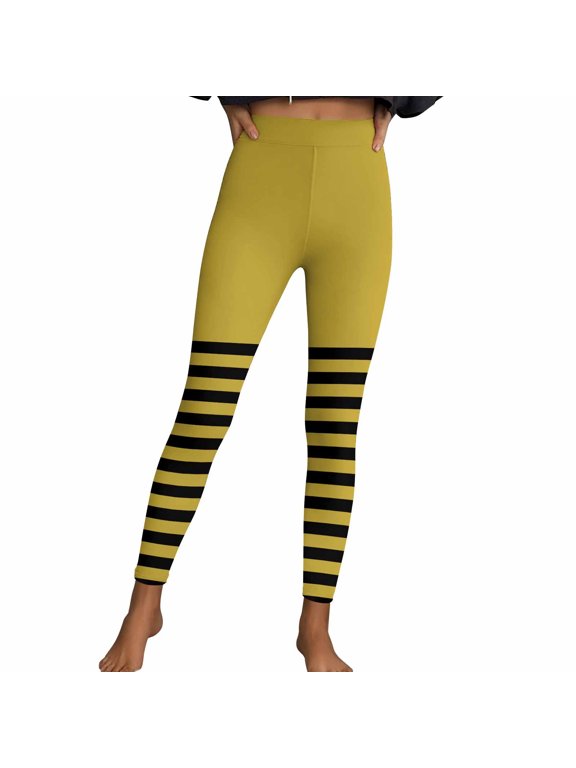 Womens Striped Workout Legging Pants Slim-Fit Stretch Yoga Running Leggings Festival Soft Pilate Gym Clothes Yellow, S