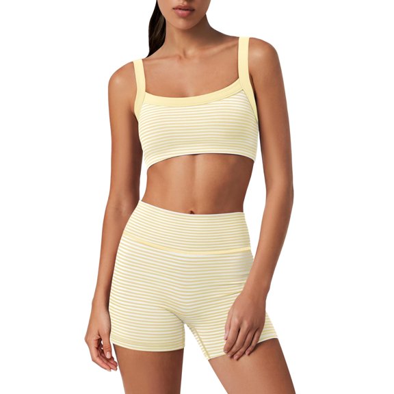 Womens Striped Workout Set 2 Piece Summer Matching Set Matching Athletic Sets Square Neck Doubel Layer Gym Fitness Clothes Tracksuit Yellow S