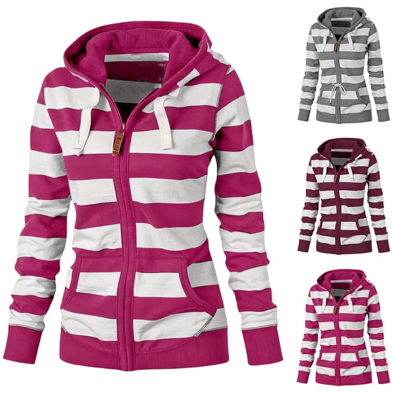Womens Striped Zip up Hoodies Long Sleeve Slim Fit Hoodies Sweatshirts,zipper Classic Hooded Jackets with Pockets Outdoor Tops Pink L