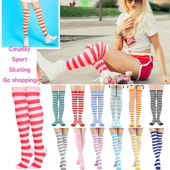 Womens Stripes Thin Tube Socks, Thigh High Tights Over Knee Socks, Casual Knee High Stockings