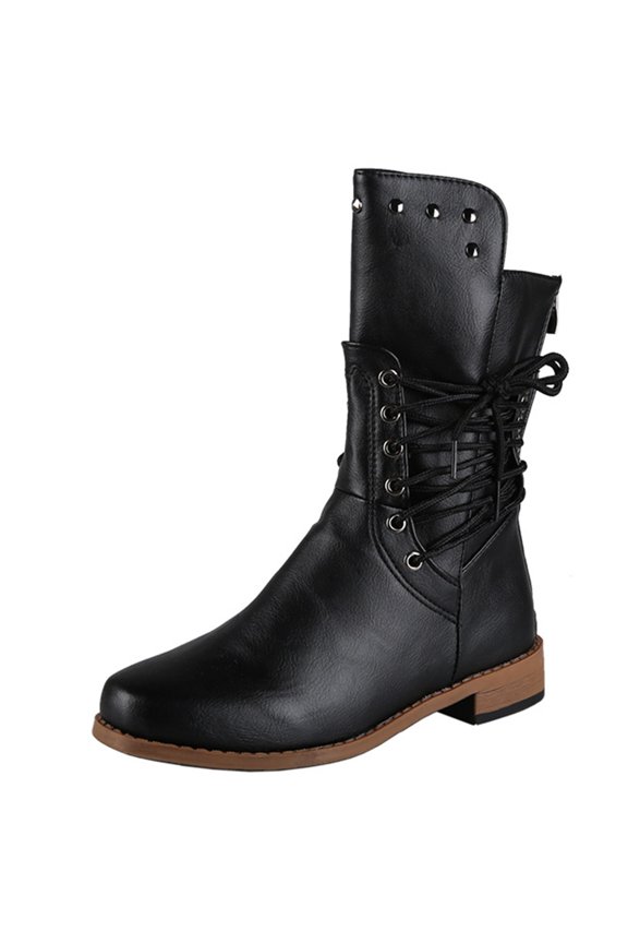 Womens Stud Rivet Round Toe Mid Calf Combat Boots, Rear Corset Lace Up Low Block Heel Leather Riding Booties Black 5.5(36)