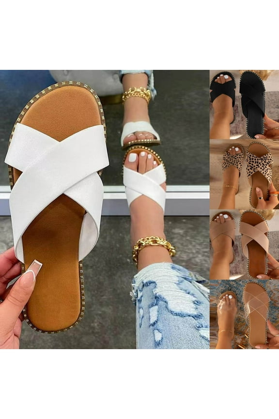 Womens Studded Flat Sandals Open Toe Slip On Mule Slides Crossed Strap Slipper Beige qILAKOG Size 6