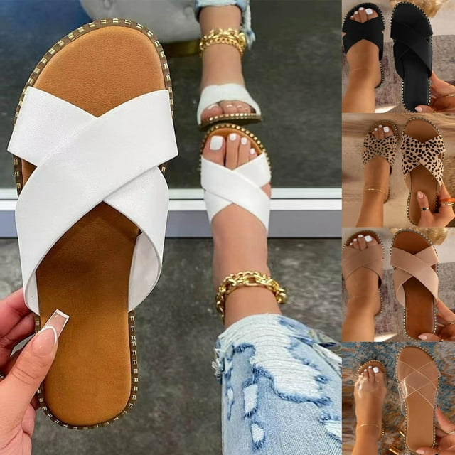 Womens Studded Flat Sandals Open Toe Slip On Mule Slides Crossed Strap Slipper Beige qILAKOG Size 8.5