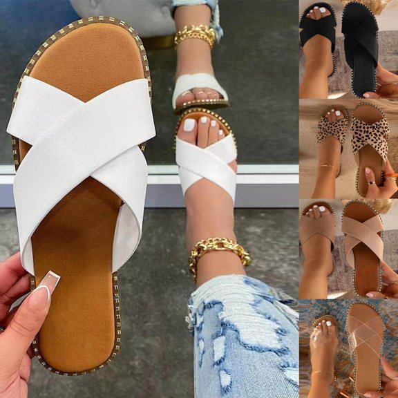 Womens Studded Flat Sandals Open Toe Slip On Mule Slides Crossed Strap Slipper Black qILAKOG Size 9.5