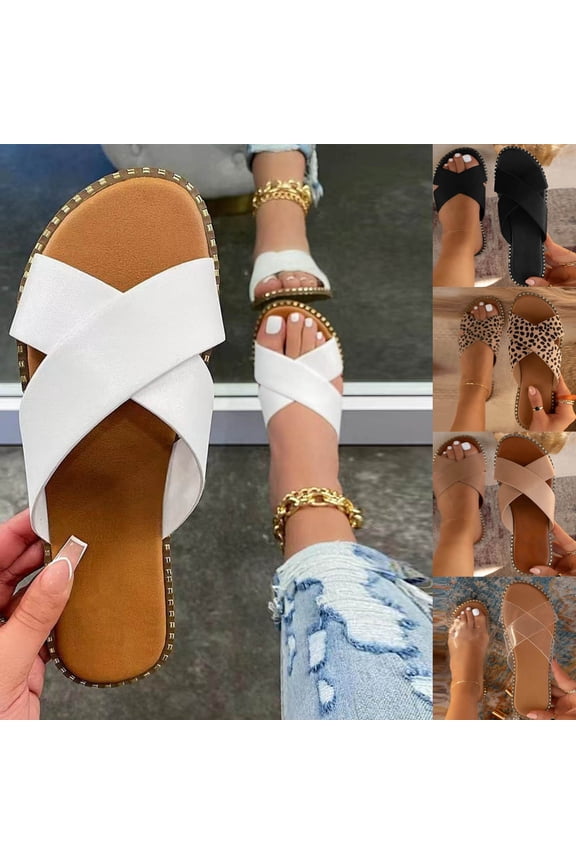 Womens Studded Flat Sandals Open Toe Slip On Mule Slides Crossed Strap Slipper Clear qILAKOG Size 8