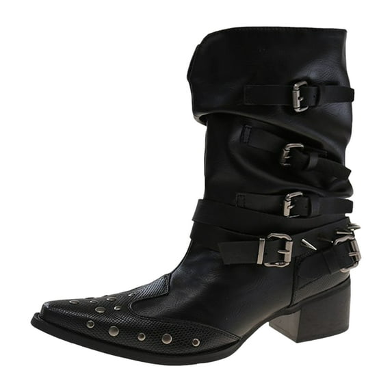 Womens Studded Wide Mid Calf Cowboy Boots Punk Slouch Buckle Pointed Toe Leather Western Cowgirl Short Booties
