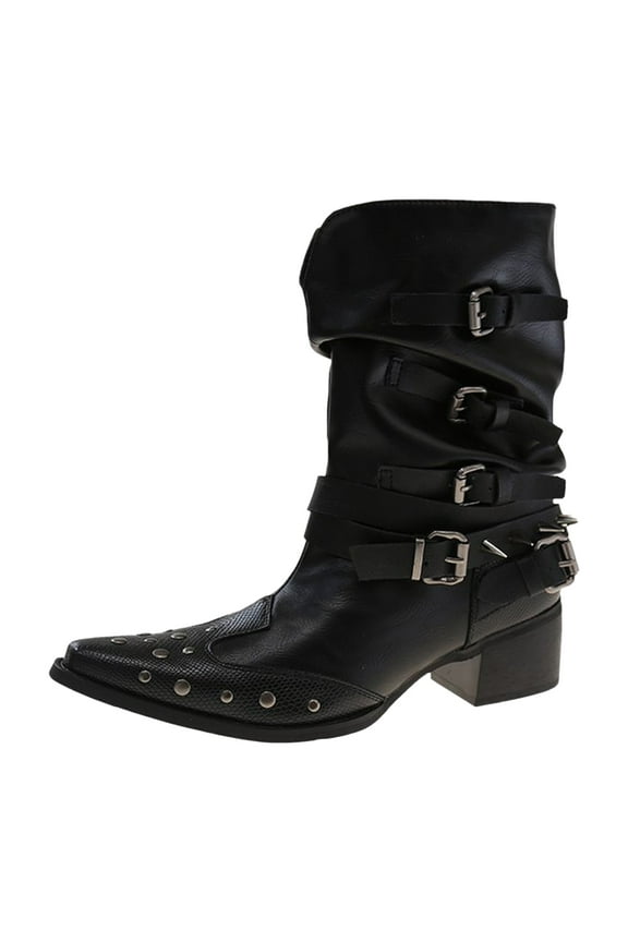 Womens Studded Wide Mid Calf Cowboy Boots Punk Slouch Buckle Pointed Toe Leather Western Cowgirl Short Booties
