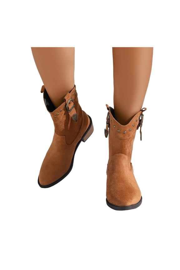 Womens Studded Wide Mid Calf Riding Boots Casual Buckle Chunky Mid Heel Western Cowboy Cowgirl Boots