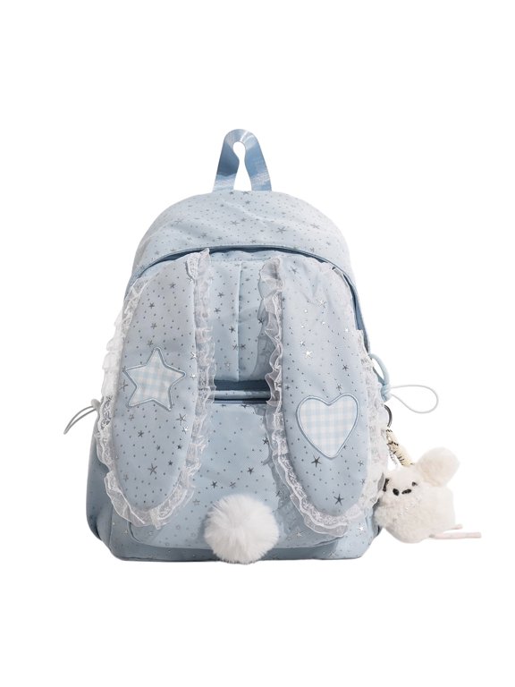 Womens Student Backpack with Rabbit Ear Flap Lace Trim Polka Dot Print Large Capacity School Travel Daypack Bookbag