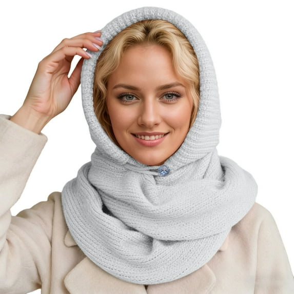 Womens Stylish Knit Beanie with Integrated Scarf Winter Warm Earflap Cap 2-in-1 Thermal Hooded Hat for Cold Weather
