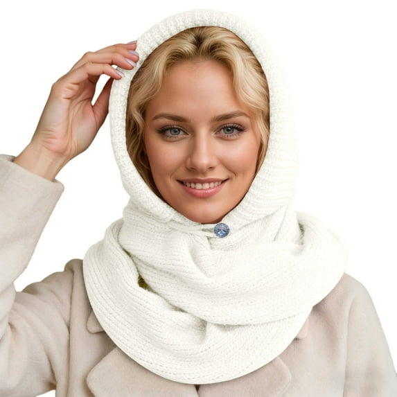 Womens Stylish Knit Beanie with Integrated Scarf Winter Warm Earflap Cap 2-in-1 Thermal Hooded Hat for Cold Weather