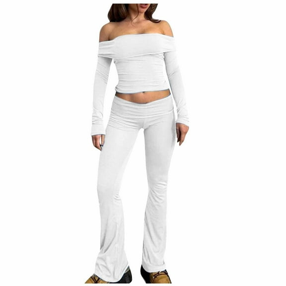 Womens Stylish Outfits 2 Piece Set Off Shoulder Cropped Tops Elastic Waist Flare Pants Spring Fall Trendy Casual Suit (M, White)