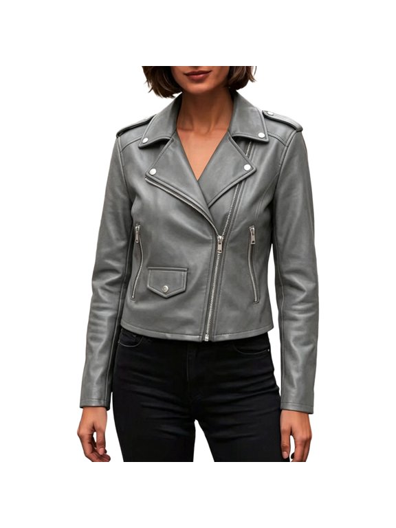Womens Stylish PU Leather Motorcycle Jacket Cropped Zip Up Edgy Biker Coat Lapel Long Sleeve Fall Winter Slim Streetwear Top Outfits