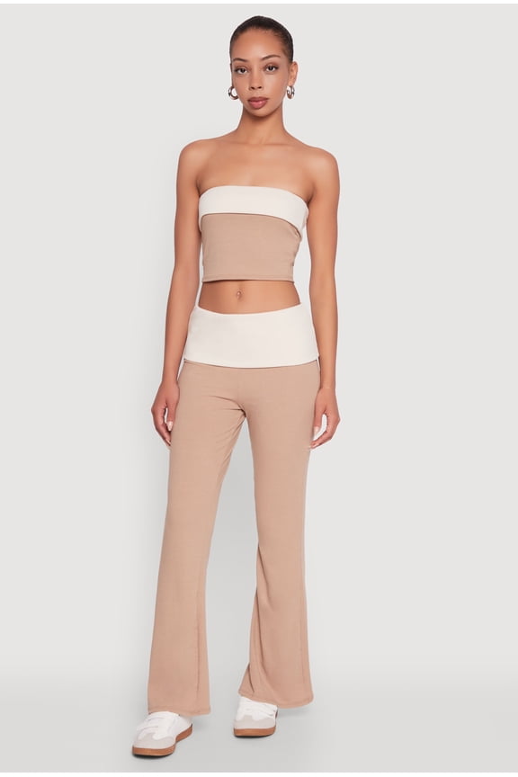 Womens Stylish Rib Knit Contrast Fold Over Bootcut Pants