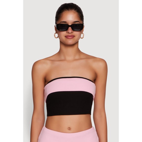 Womens Stylish Rib Knit Contrast Fold Over Cropped Tube Top