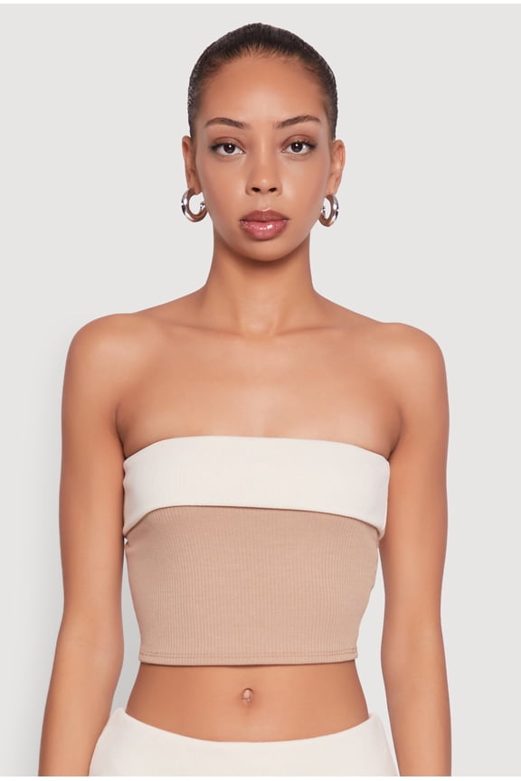 Womens Stylish Rib Knit Contrast Fold Over Cropped Tube Top