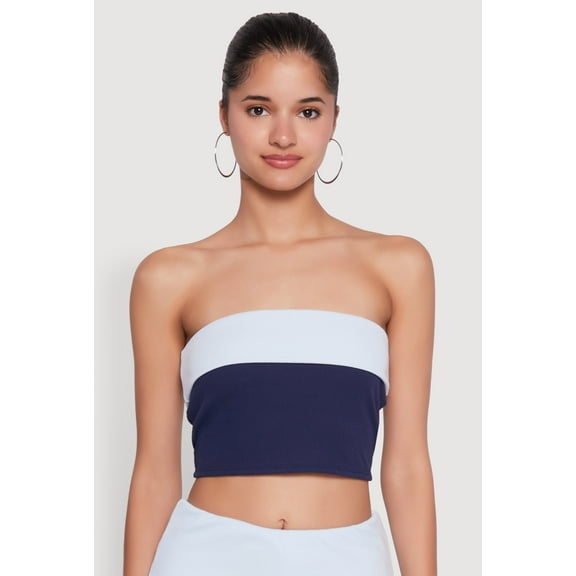 Womens Stylish Rib Knit Contrast Fold Over Cropped Tube Top