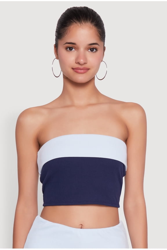 Women's Stylish Rib Knit Contrast Fold Over Cropped Tube Top