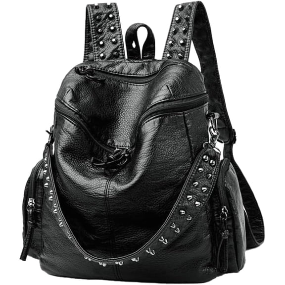 Womens Stylish Rivet Backpack Washed Multi Pocket Knotted Zipper Soft Leather Bag Trendy Travel Daypack Satchel Purse