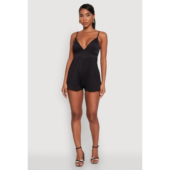 Womens Stylish Textured Knit Plunge Neck Cami Romper with Tie Back