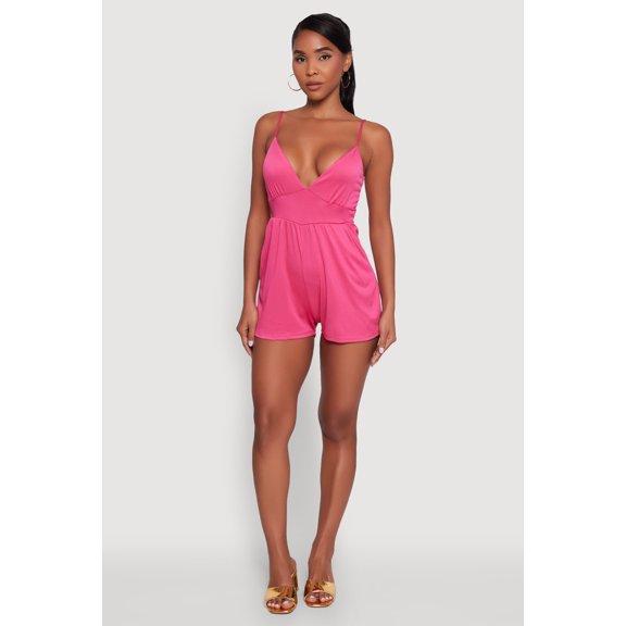 Womens Stylish Textured Knit Plunge Neck Cami Romper with Tie Back