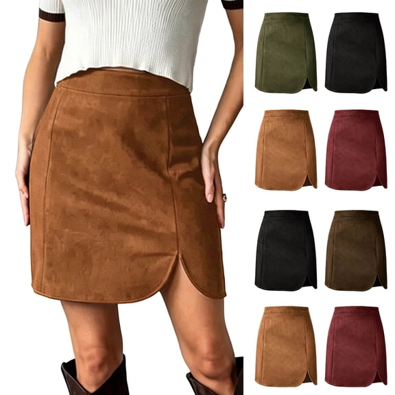 Womens Suede A Line Mini Skirt High Waist Back Zipper Slit Casual Fall Vintage Short Skirts