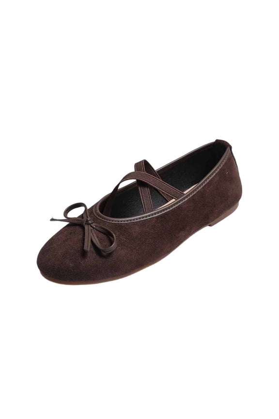 Womens Suede Ballet Flats - Comfortable Round Toe Mary Jane Flats with Bow & Crisscross Straps for Casual Everyday Wear, Brown,Size 5.5