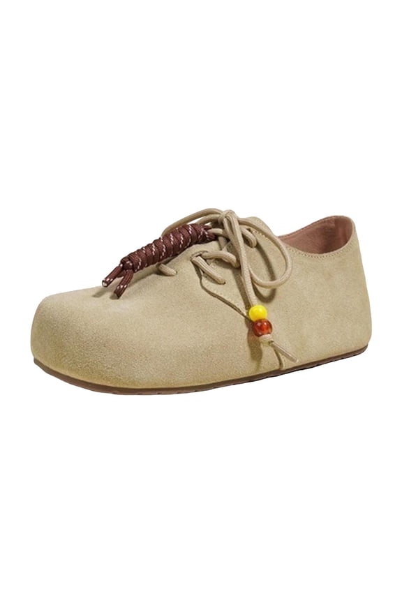 Womens Suede Casual Shoes Wide Toe Box Fashion Beaded Lace Up Dress Fall Shoes Comfortable Non Slip Walking Sneakers Beige Size 7
