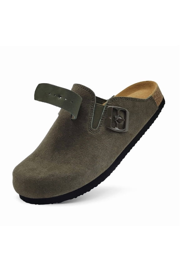 Womens Suede Clogs Leather Mules Cork Footbed Sandals with Arch Support Slip-on Slippers Indoor Outdoor Fashion Sandals Classic Adjustable Buckle