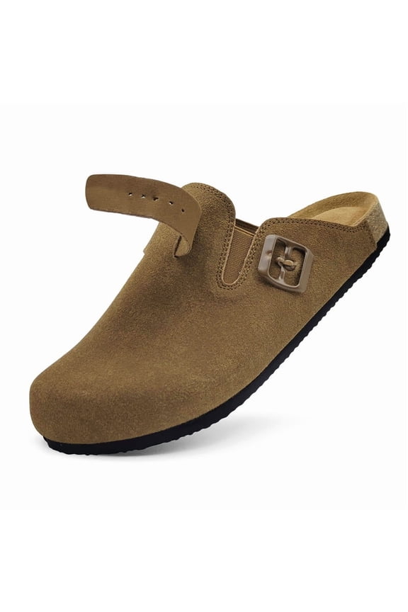 Womens Suede Clogs Leather Mules Cork Footbed Sandals with Arch Support Slip-on Slippers Indoor Outdoor Fashion Sandals Classic Adjustable Buckle