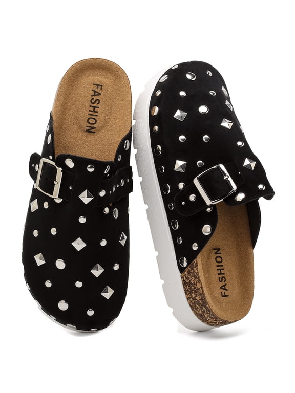 Platform Suede Clogs for Women| Arch Support Memory Foam Womens Cork mule with Adjustable Buckle, Studded Thick Sole Comfort Non-Slip Walking Slippers,size 8,Black