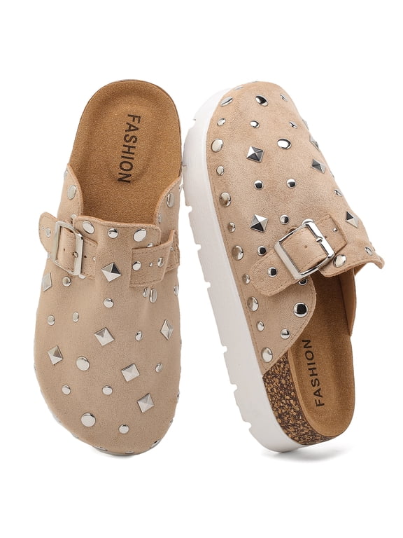 Platform Suede Clogs for Women| Arch Support Memory Foam Womens Cork mule with Adjustable Buckle, Studded Thick Sole Comfort Non-Slip Walking Slippers,size 11,Beige
