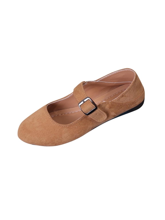 Womens Suede Comfortable Mary Jane Flats Khaki Ballet Flats with Buckle Strap for Everyday & Casual Wear,Size 7