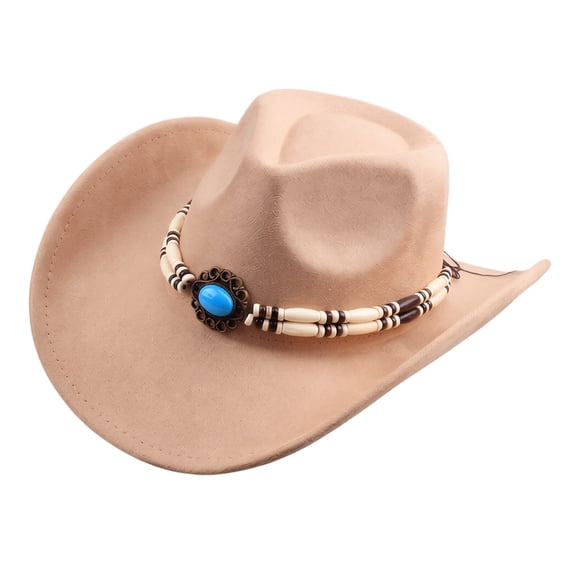 Womens Suede Cowboy Hat Wide Brim Western Hat with Beaded Hatband Pinched Crown Structured Shape for Costume