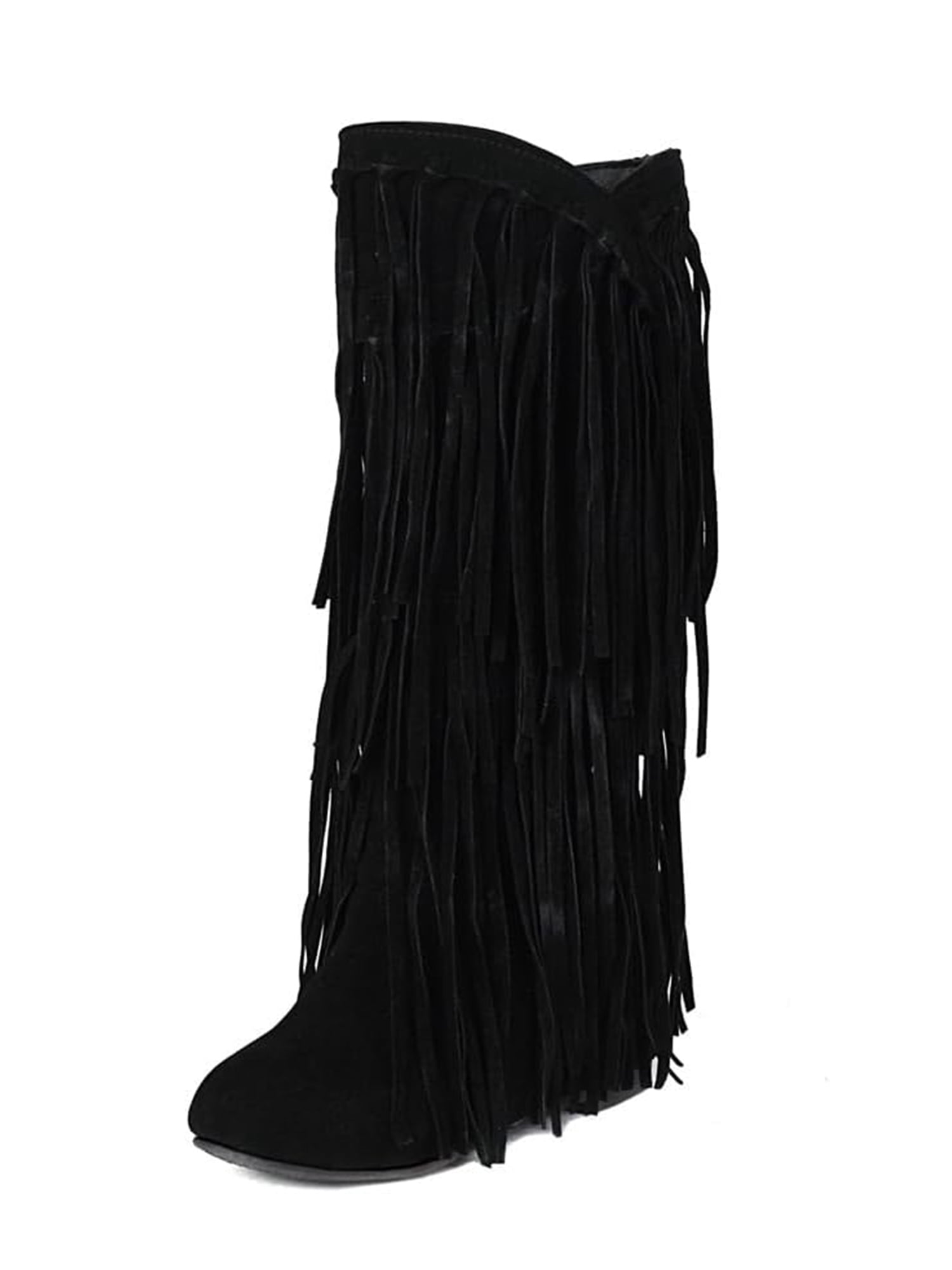Womens Suede Fringe Western Boots, Ladies Fashion Round Toe Knee-High Boot Flat Fringe Long Tall Pull On Boots