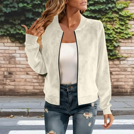 Womens Suede Jacket Full Zip Bomber Jackets Long Sleeve Open Front Lightweight Coats Faux Suede Leather Coat Outwear