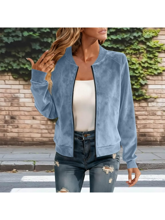 Womens Suede Jacket Full Zip Bomber Jackets Long Sleeve Open Front Lightweight Coats Faux Suede Leather Coat Outwear