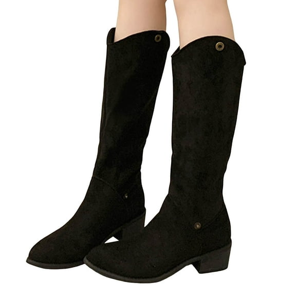 Womens Suede Knee High Western Cowboy Boots Pointed Toe Fold Over Boots Chunky Low Heel Slip On Fall Booties Black Size 9