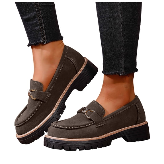 Womens Suede Loafers Platform Chunky Lug Sole Dress Shoes Comfortable Slip On Work Office Business Walking Shoes Gray Size 8.5