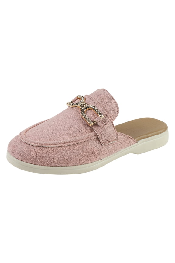 Womens Suede Mules Rhinestone Buckle Slip On Flat Dress Shoes Lightweight Closed Toe Backless Slides Loafers Gray Size 9