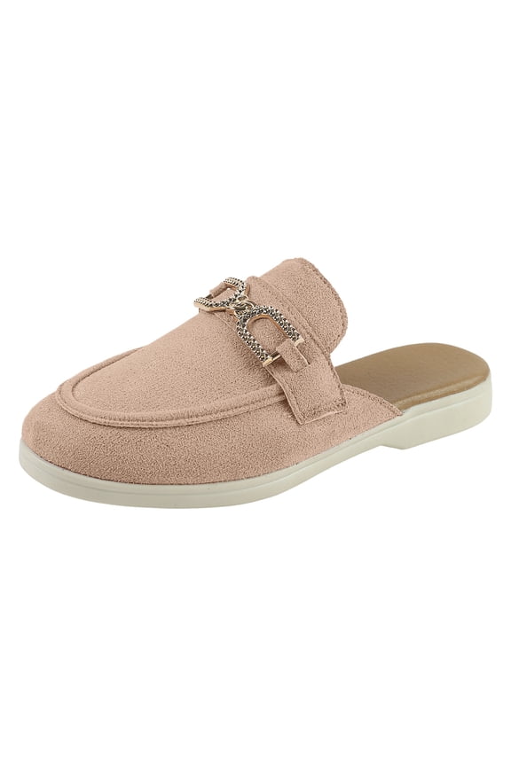 Womens Suede Mules Rhinestone Buckle Slip On Flat Dress Shoes Lightweight Closed Toe Backless Slides Loafers White Size 9