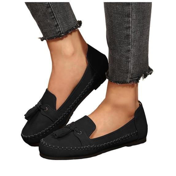 Womens Suede Penny Loafers Fashion Fringe Round Toe Stitching Flat Walking Shoes Lightweight Moccasins Driving Shoes Black Size 8