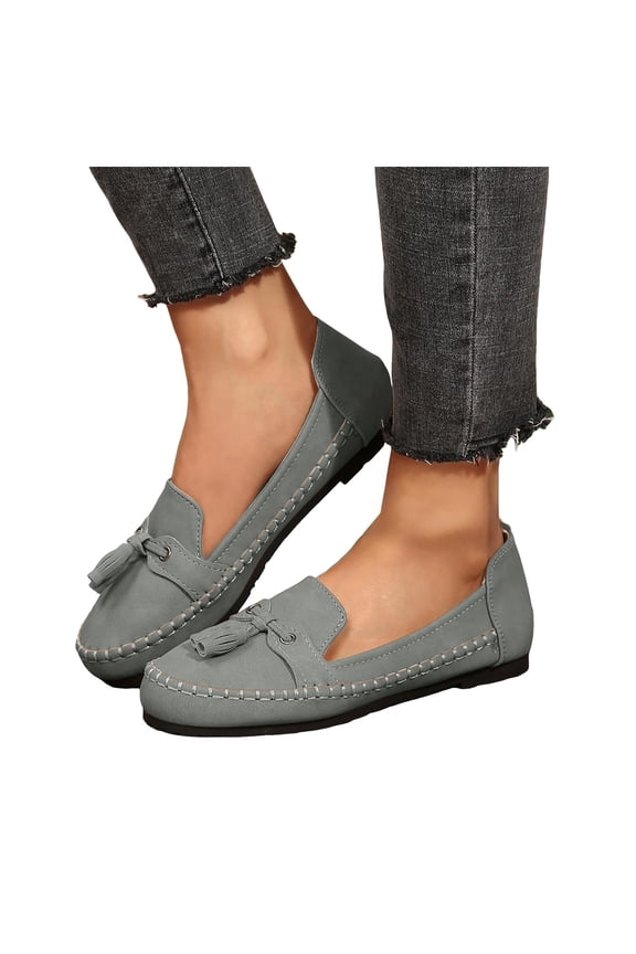 Womens Suede Penny Loafers Fashion Fringe Round Toe Stitching Flat Walking Shoes Lightweight Moccasins Driving Shoes Gray Size 7.5