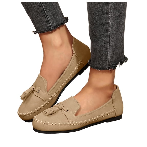 Womens Suede Penny Loafers Fashion Fringe Round Toe Stitching Flat Walking Shoes Lightweight Moccasins Driving Shoes Khaki Size 9.5