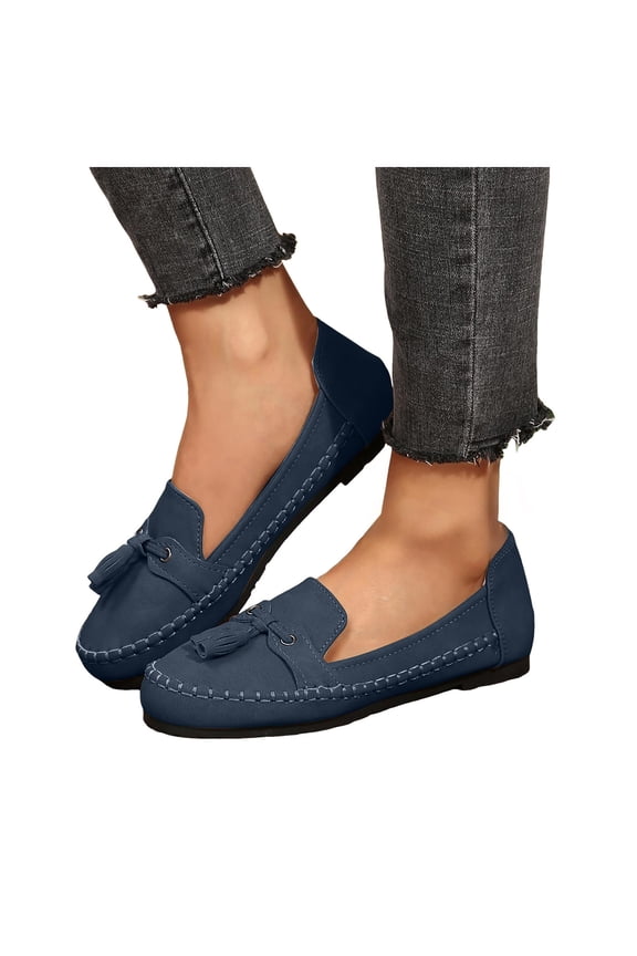 Womens Suede Penny Loafers Fashion Fringe Round Toe Stitching Flat Walking Shoes Lightweight Moccasins Driving Shoes Navy Size 8