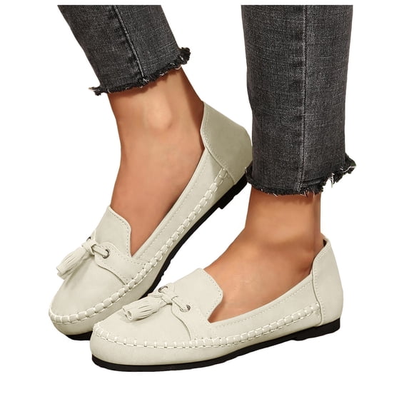 Womens Suede Penny Loafers Fashion Fringe Round Toe Stitching Flat Walking Shoes Lightweight Moccasins Driving Shoes White Size 6.5
