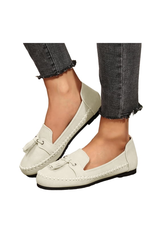 Womens Suede Penny Loafers Fashion Fringe Round Toe Stitching Flat Walking Shoes Lightweight Moccasins Driving Shoes White Size 9
