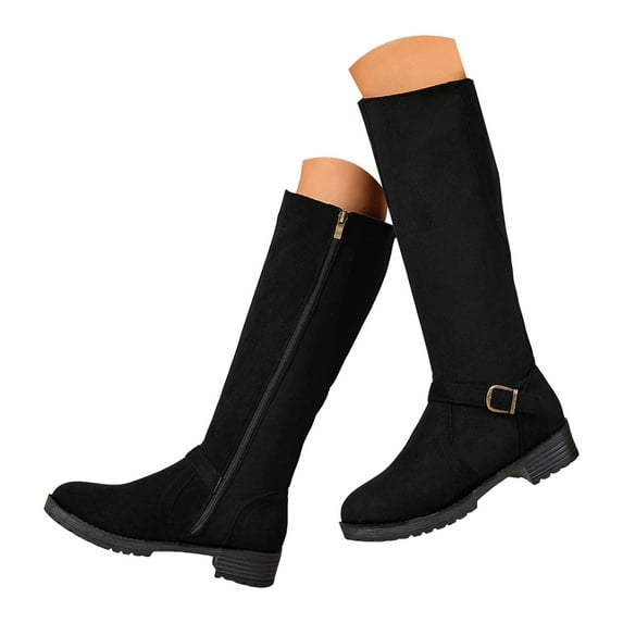 Womens Suede Riding Boots Stacked Heel Zipper Knee High Motorcycle Booties Adjustable Back Zipper Wide Calf Long Winter Boots