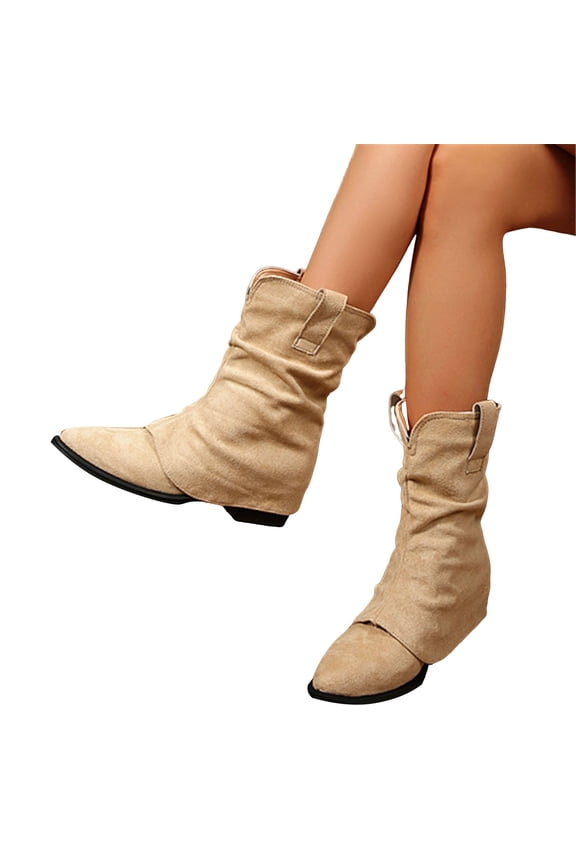 Womens Suede Slouchy Fold Over Boots Pointed Toe Wide Calf Cowboy Boots Low Heel Pull On Riding Booties Beige Size 8