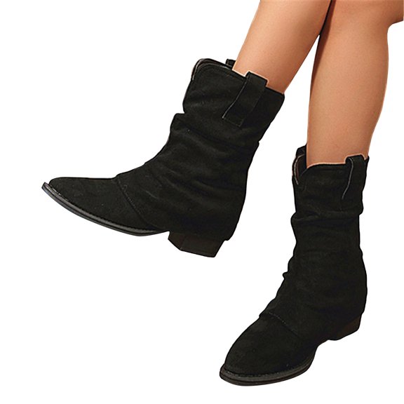 Womens Suede Slouchy Fold Over Boots Pointed Toe Wide Calf Cowboy Boots Low Heel Pull On Riding Booties Black Size 6.5